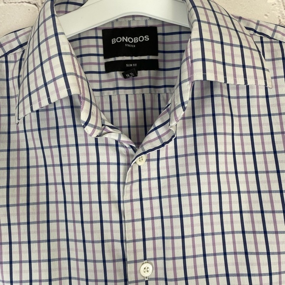 Bonobos Purple & Blue Plaid Button Down Long Sleeve Shirt Dress Shirt size 16.5 - Picture 3 of 9